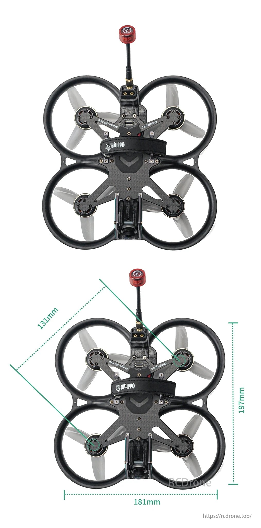 Mage Pro Cinewhoop drone: 197mm height, 181mm width, 131mm diagonal span.