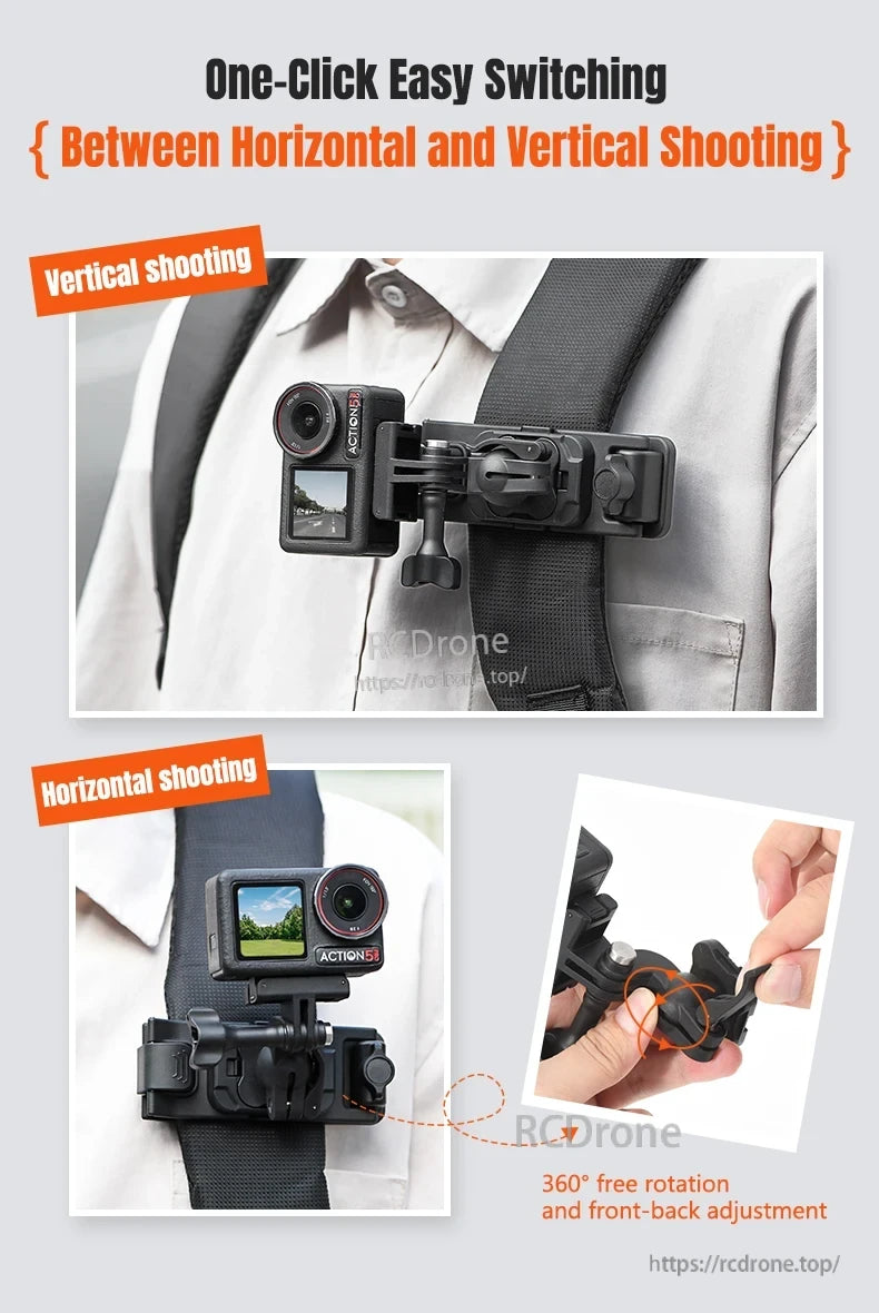 Magnetic Backpack Clip, One-click switch between horizontal and vertical shooting with 360° rotation.