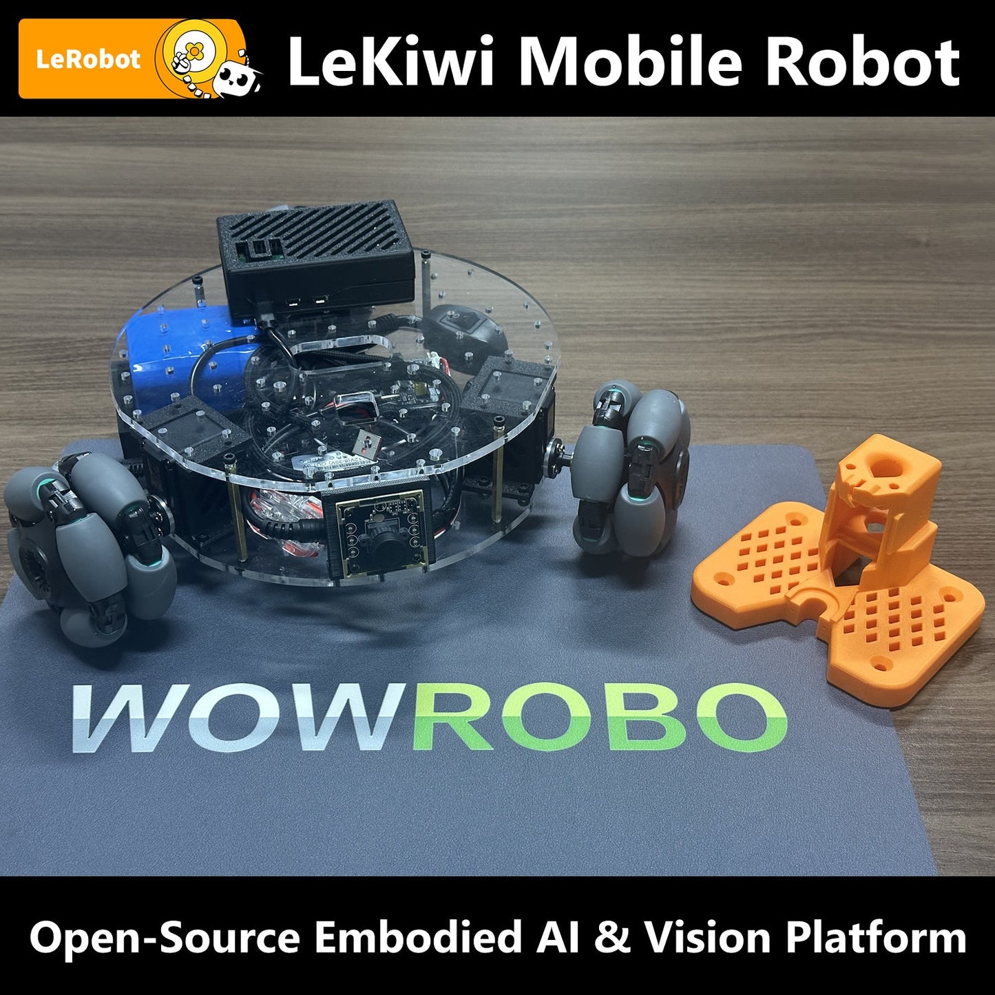 WowRobo LeKiwi Mobile Robot, LeKiwi Mobile Robot: open-source AI vision platform with omnidirectional drive, 2MP camera, and 12V 5600mAh battery.