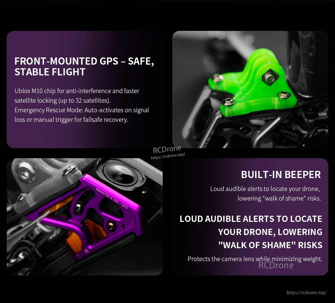 Manta5 Drone Kit, Ublox M10 GPS ensures stable flight and fast satellite lock; Emergency Rescue Mode activates on signal loss; built-in beeper aids location, protects lens, and reduces weight.