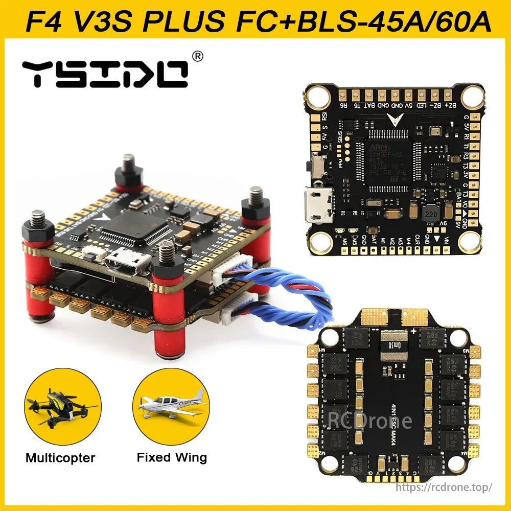 MARK4 FPV Drone, F4 V3S PLUS flight controller by TSIDO for multicopter and fixed-wing drones, with ARM chip, USB port, and 4-in-1 ESC for efficiency.