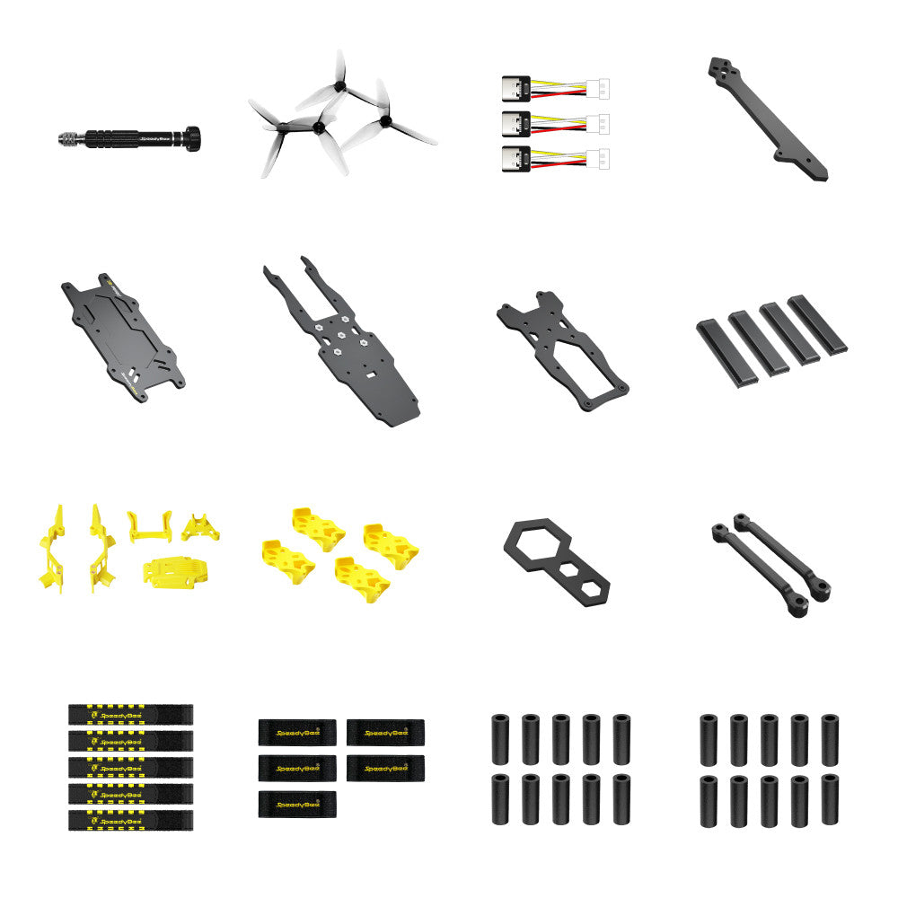 SpeedyBee Master 3X kit accessories set with propellers, carbon plates, straps, standoffs, and USB‑C extension cables