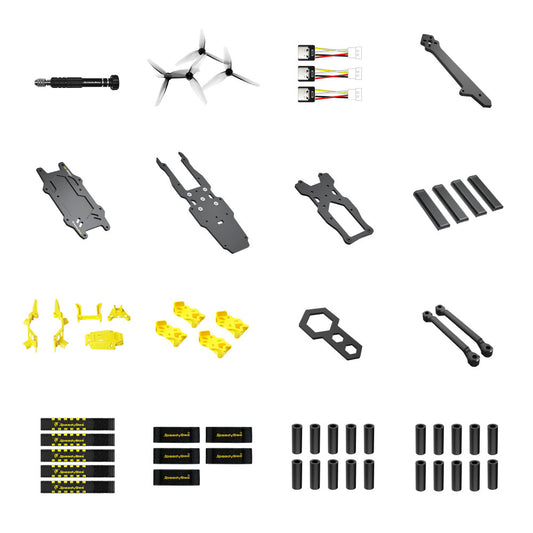 SpeedyBee Master 3X kit accessories set with propellers, carbon plates, straps, standoffs, and USB‑C extension cables