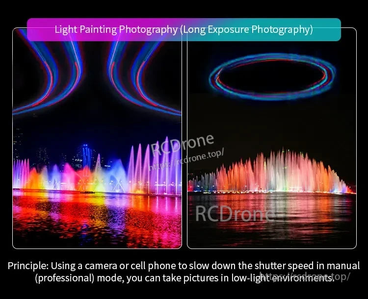Mavic 3 Propeller, Light Painting Photography: Long exposure captures vibrant fountain lights in low-light settings.