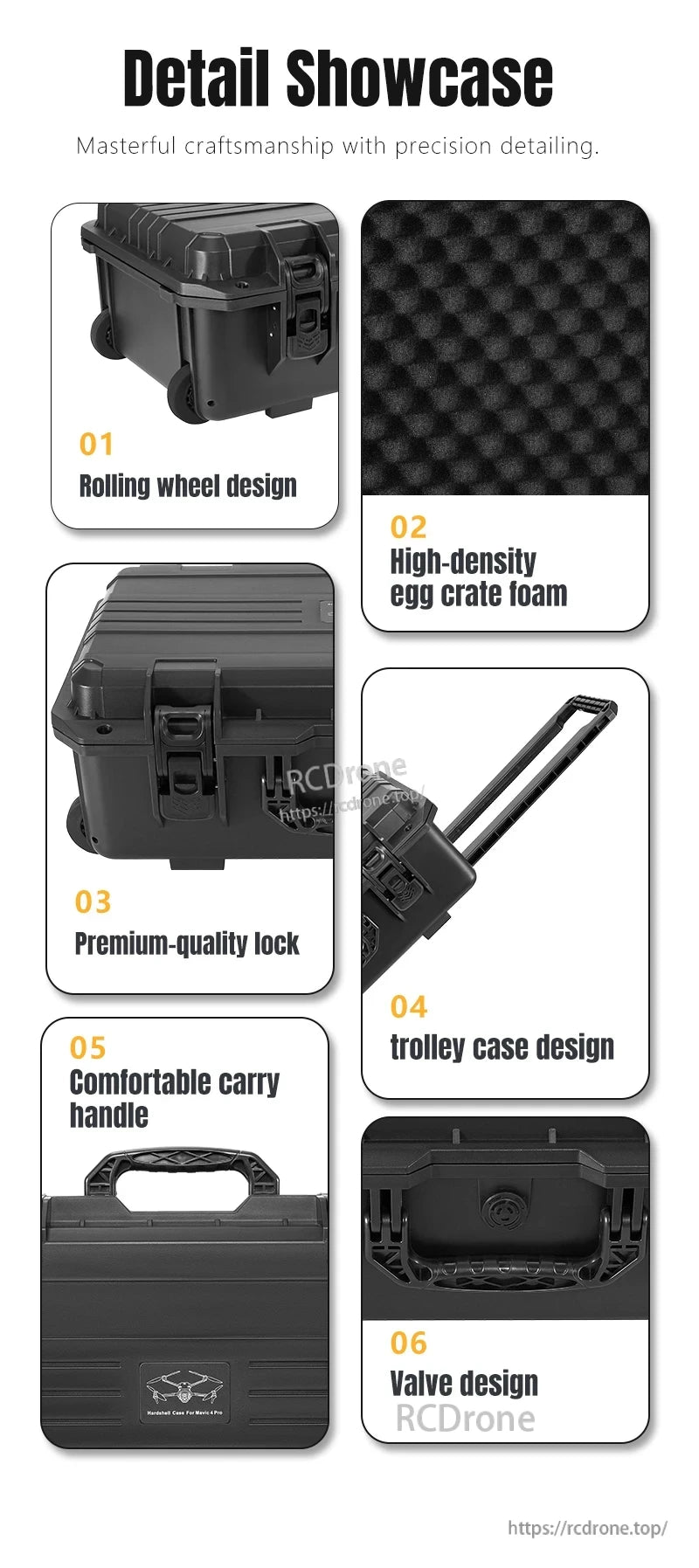 Mavic 4 Drone Case, Features include rolling wheels, egg crate foam, premium lock, trolley design, carry handle, and valve design for durability and convenience.