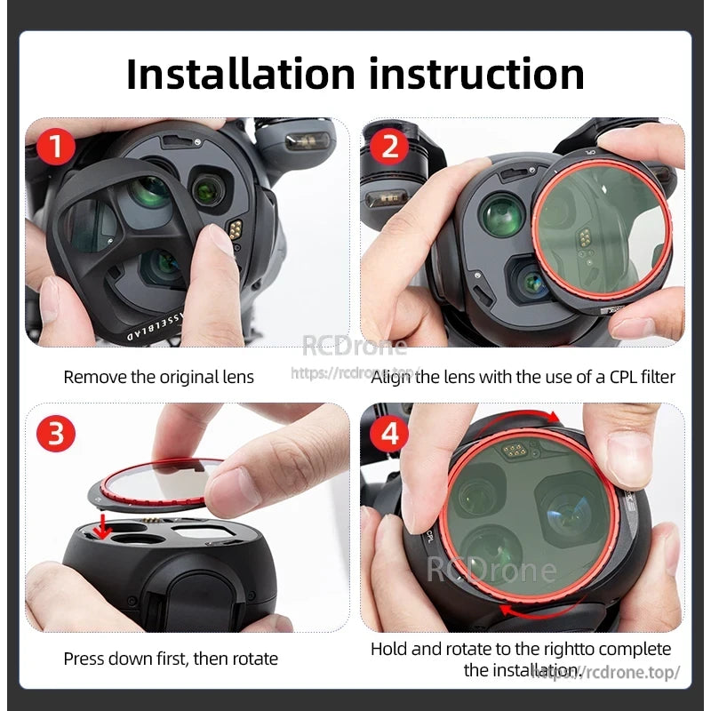 Mavic 4 Pro Filters, Installation guide for Mavic 4 Pro filter: remove, align, press, rotate.