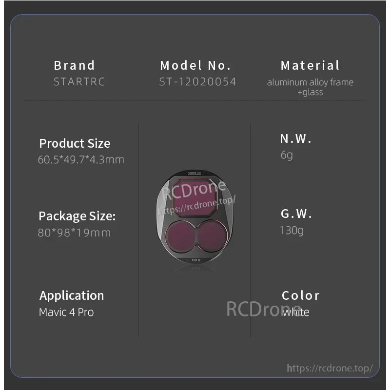STARTRC Mavic 4 Pro Filters (ST-12020054) feature aluminum alloy and glass, white, 6g net/130g gross weight.