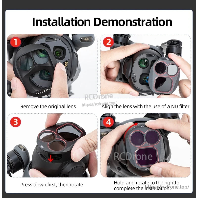 Mavic 4 Pro Filters, Attach Mavic 4 Pro ND filter by removing lens cap, aligning filter, then pressing and rotating to secure.