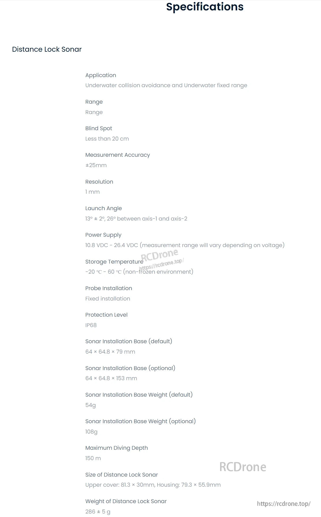 Mavic Distance Lock Sonar, Distance Lock Sonar: 150m range, ±25mm accuracy, 1mm resolution. IP68, 10.8-26.4VDC, -20°C to 60°C. Compact size, 286g. Ideal for underwater collision avoidance.