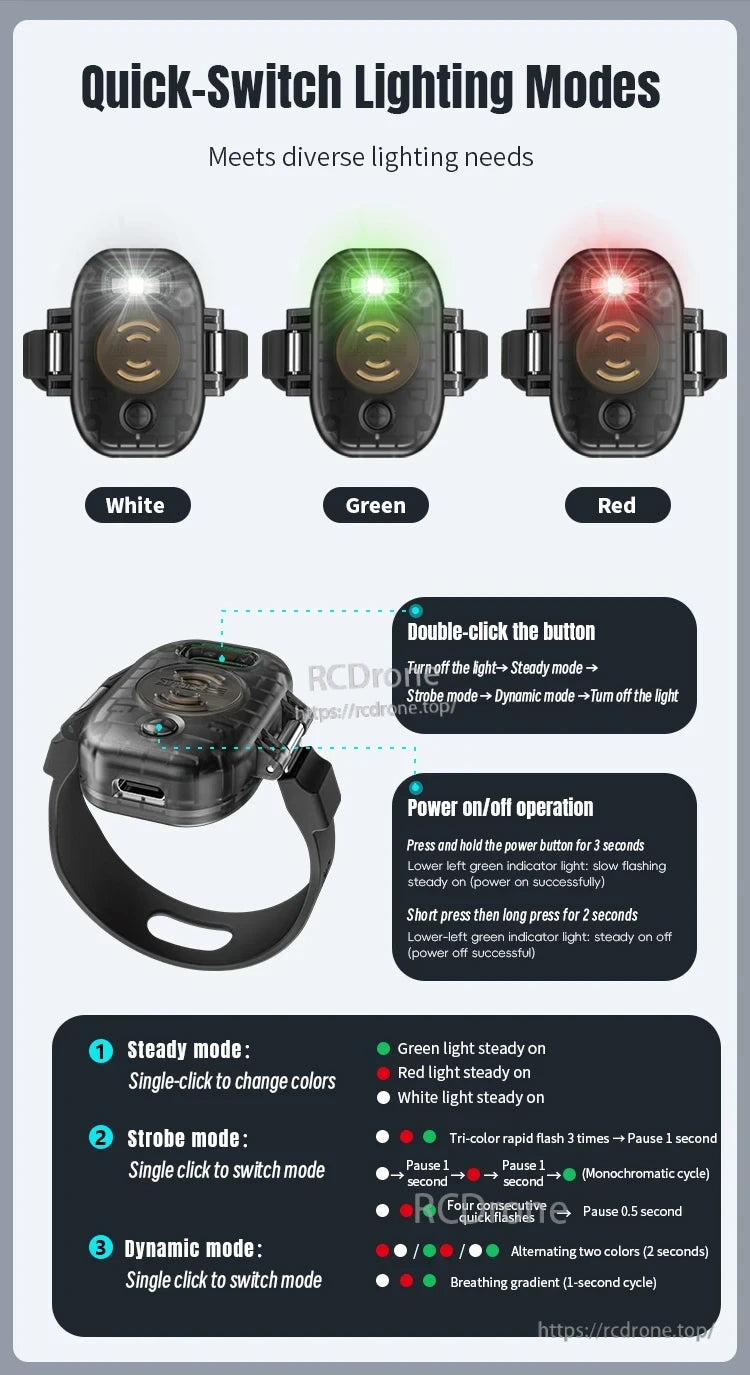 Mavic Mini Strobe Alarm, Switch between white, green, red lights with steady, strobe, or dynamic modes. Double-click to cycle; press button to power on/off. Ideal for varied lighting needs.