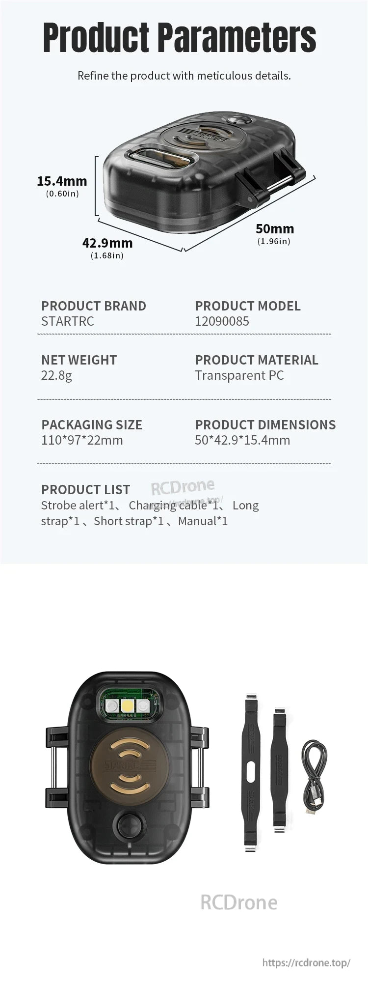 Mavic Mini Strobe Alarm by STARTRC (12090085), 50×42.9×15.4mm, 22.8g, transparent PC. Includes strobe, cable, straps, manual.