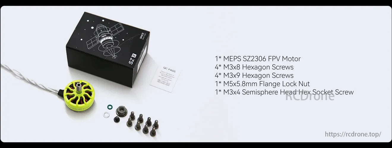 MEPS SZ2306 Brushless Motor, MEPS SZ2306 FPV Motor kit includes M3x8 & M3x9 screws, M5x5.8mm nut, and M3x4 semisphere screw.