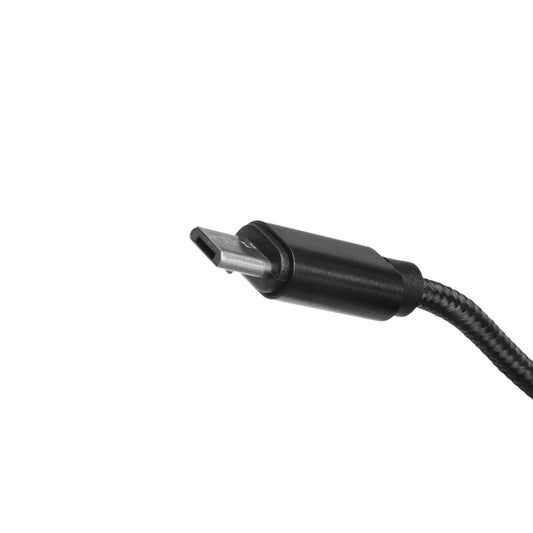 Flywoo Micro USB Data Cable, Close-up of a black braided micro USB data cable connector for charging and syncing devices