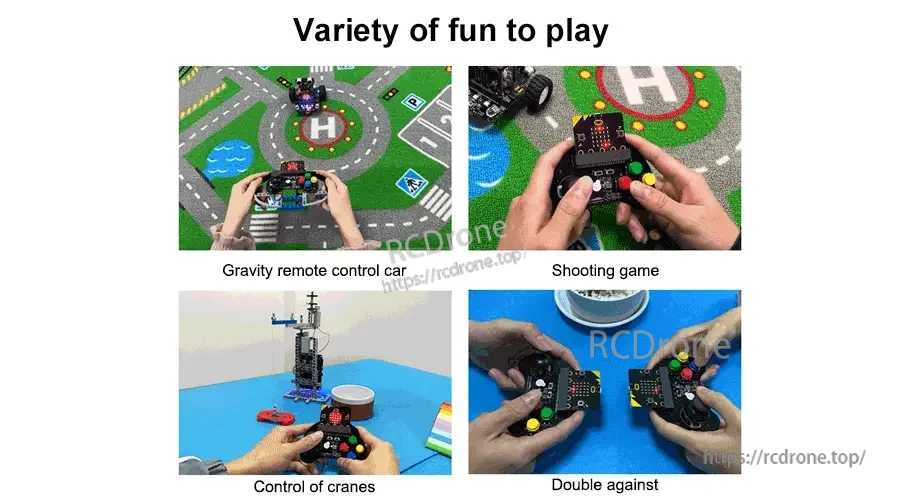 Use cases collage: gravity remote control car, shooting game play, crane control, and two-player mode
