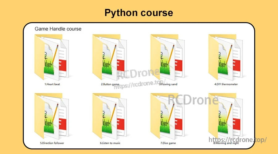 Python course folders for the game handle projects, including multiple beginner-friendly lessons
