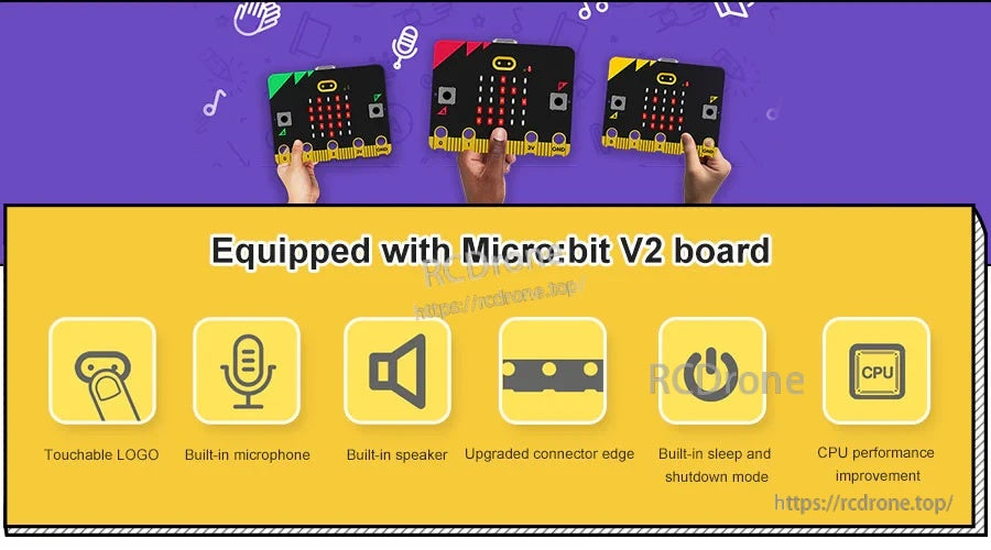Micro:bit V2 feature highlights for use with the gamepad, including touch logo, mic, and speaker