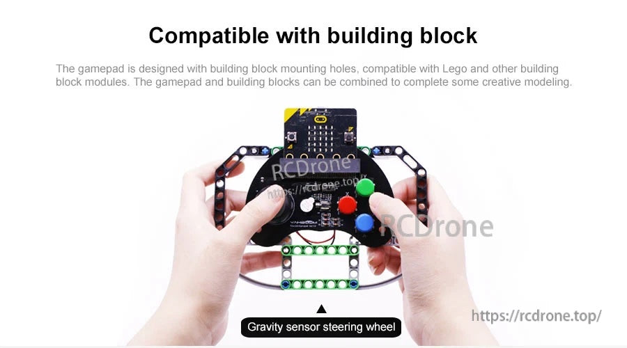 Gamepad with building-block mounting holes, configured like a steering wheel with a block frame