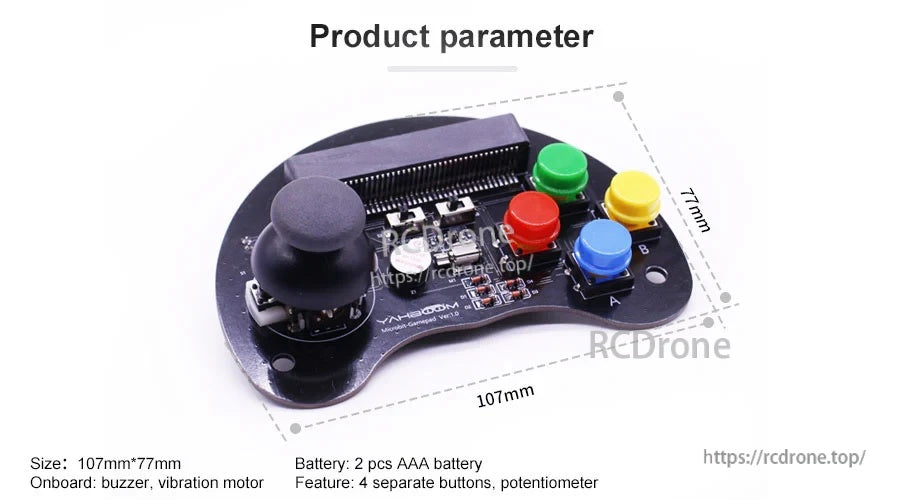 Product dimensions diagram showing 107 mm by 77 mm size and control layout on the gamepad