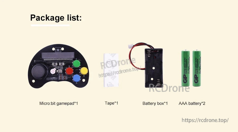 Yahboom micro:bit gamepad kit with controller, tape, AAA battery holder, and two AAA batteries