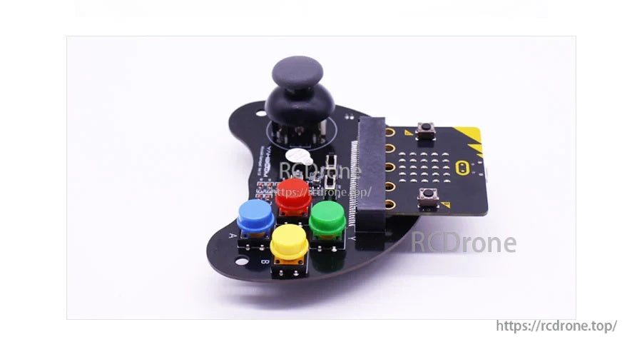Angled close-up of the Yahboom micro:bit gamepad basic version showing joystick and four buttons