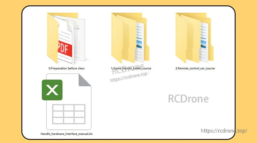 Folder view of included manuals and course files, including PDF and spreadsheet documents