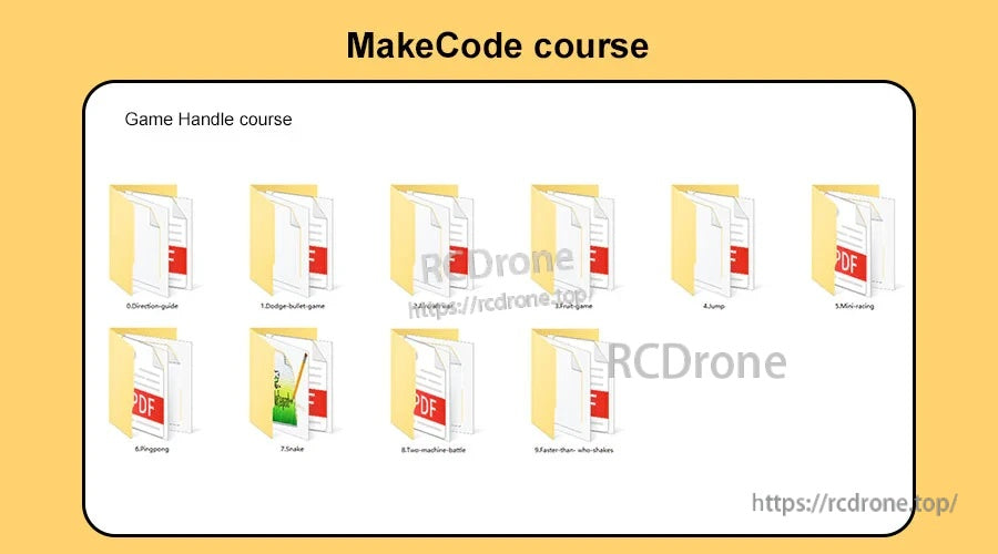 MakeCode course folders for the game handle, covering multiple lessons and project topics
