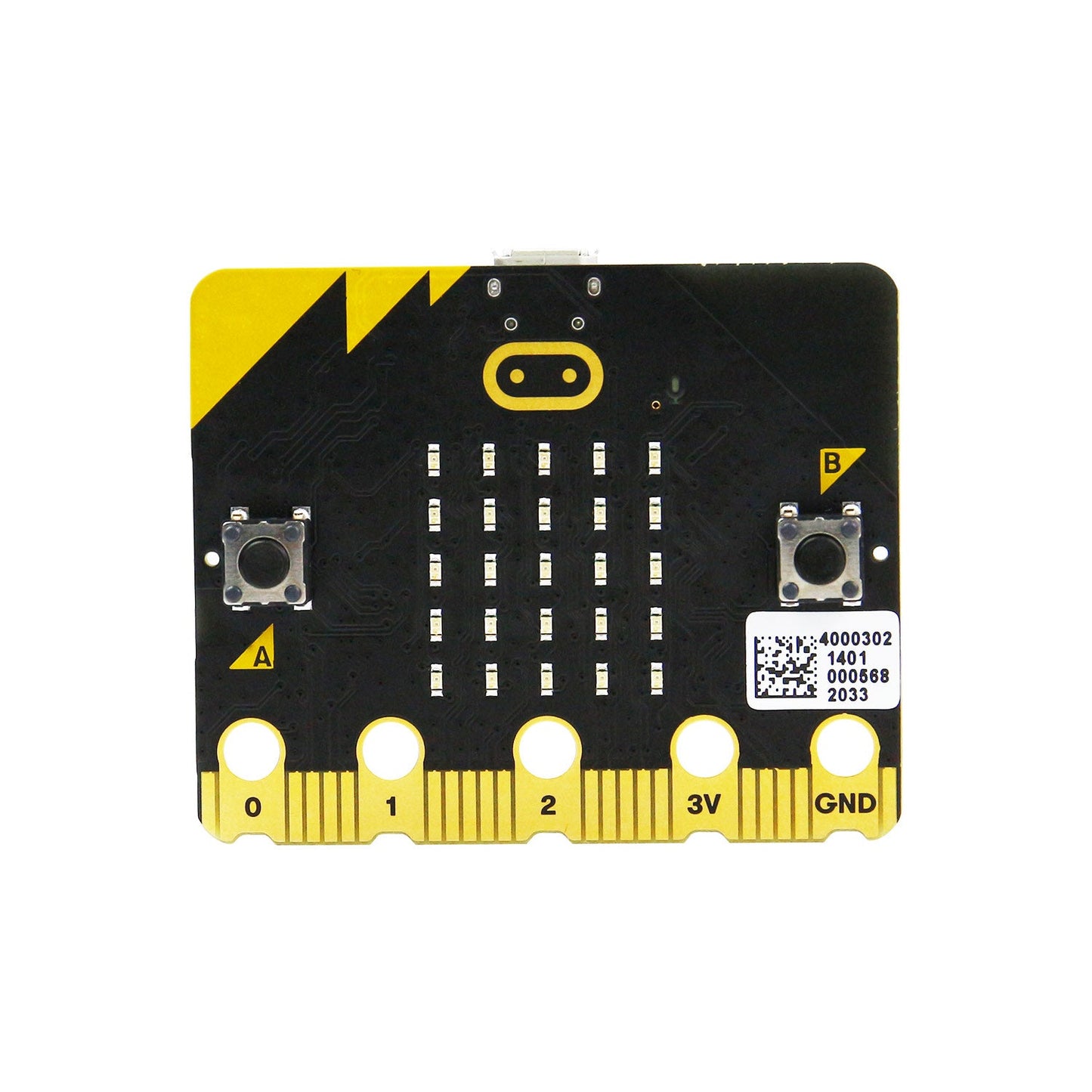 BBC micro:bit V2.21 board front view with 5x5 LED matrix, A/B buttons, touch logo, and edge connector pins