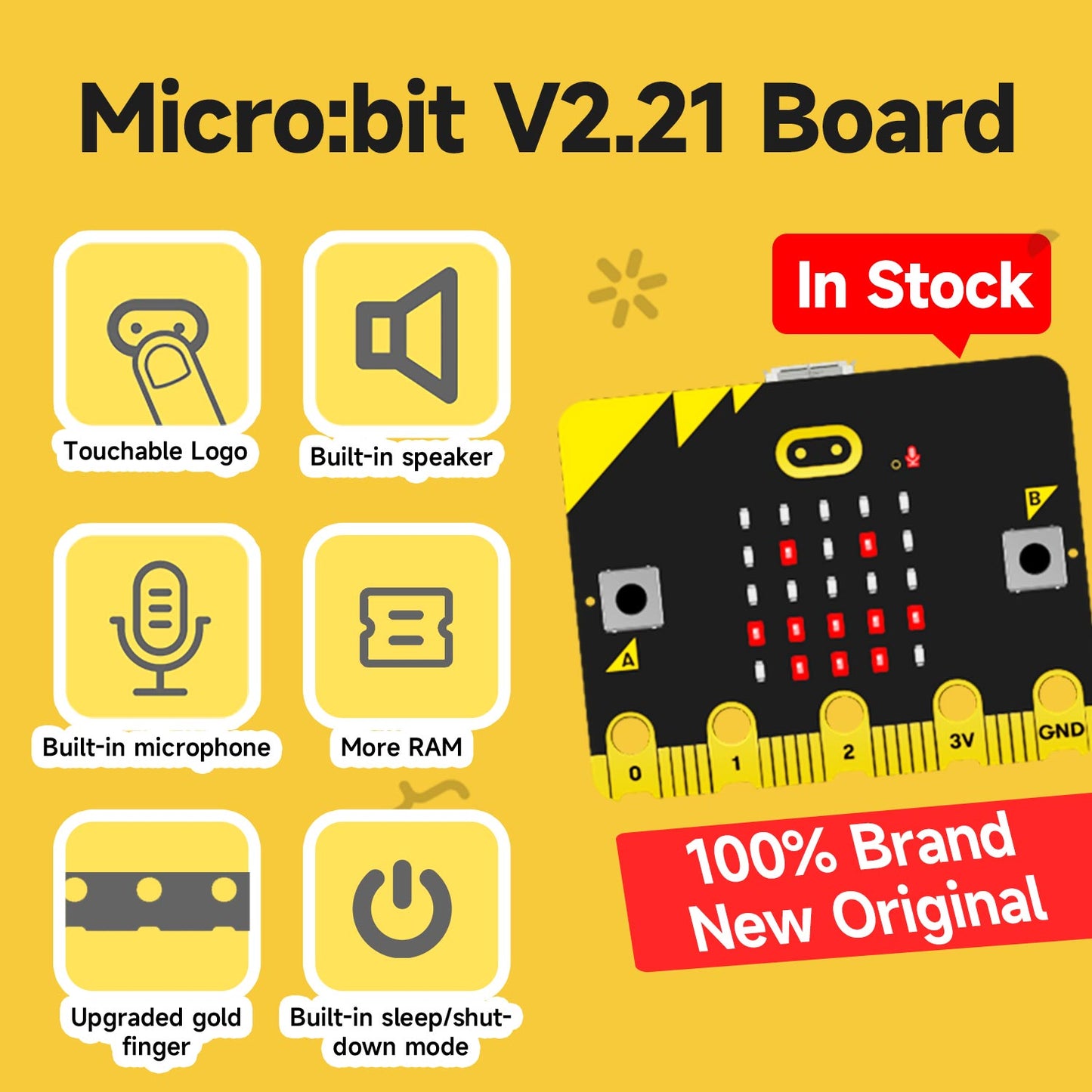 Micro:bit V2.21 board feature infographic showing touch logo, speaker, microphone, more RAM, upgraded edge connector, sleep mode