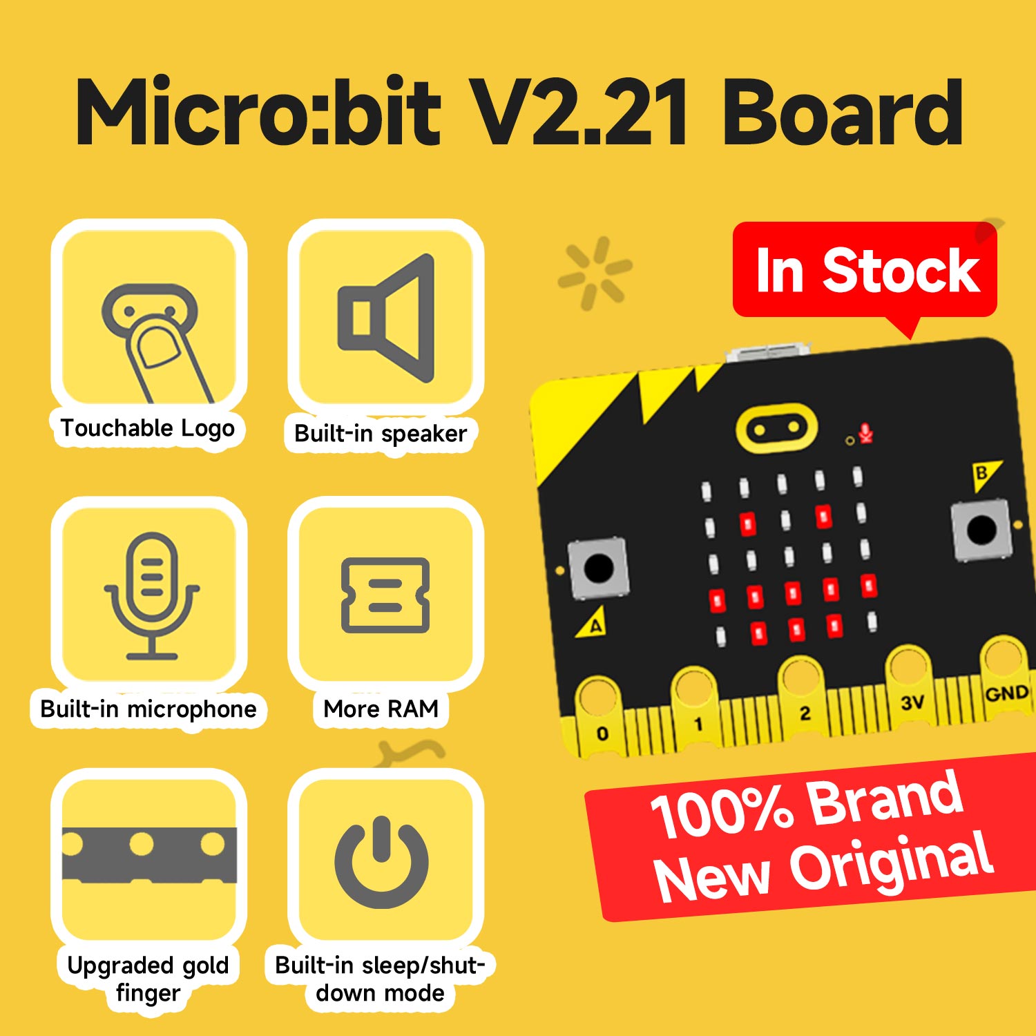 Micro:bit V2.21 board feature infographic showing touch logo, speaker, microphone, more RAM, upgraded edge connector, sleep mode