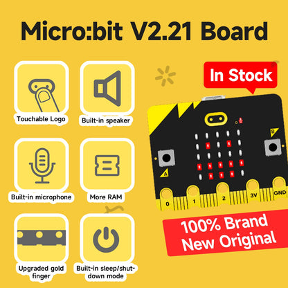 Micro:bit V2.21 board feature infographic showing touch logo, speaker, microphone, more RAM, upgraded edge connector, sleep mode