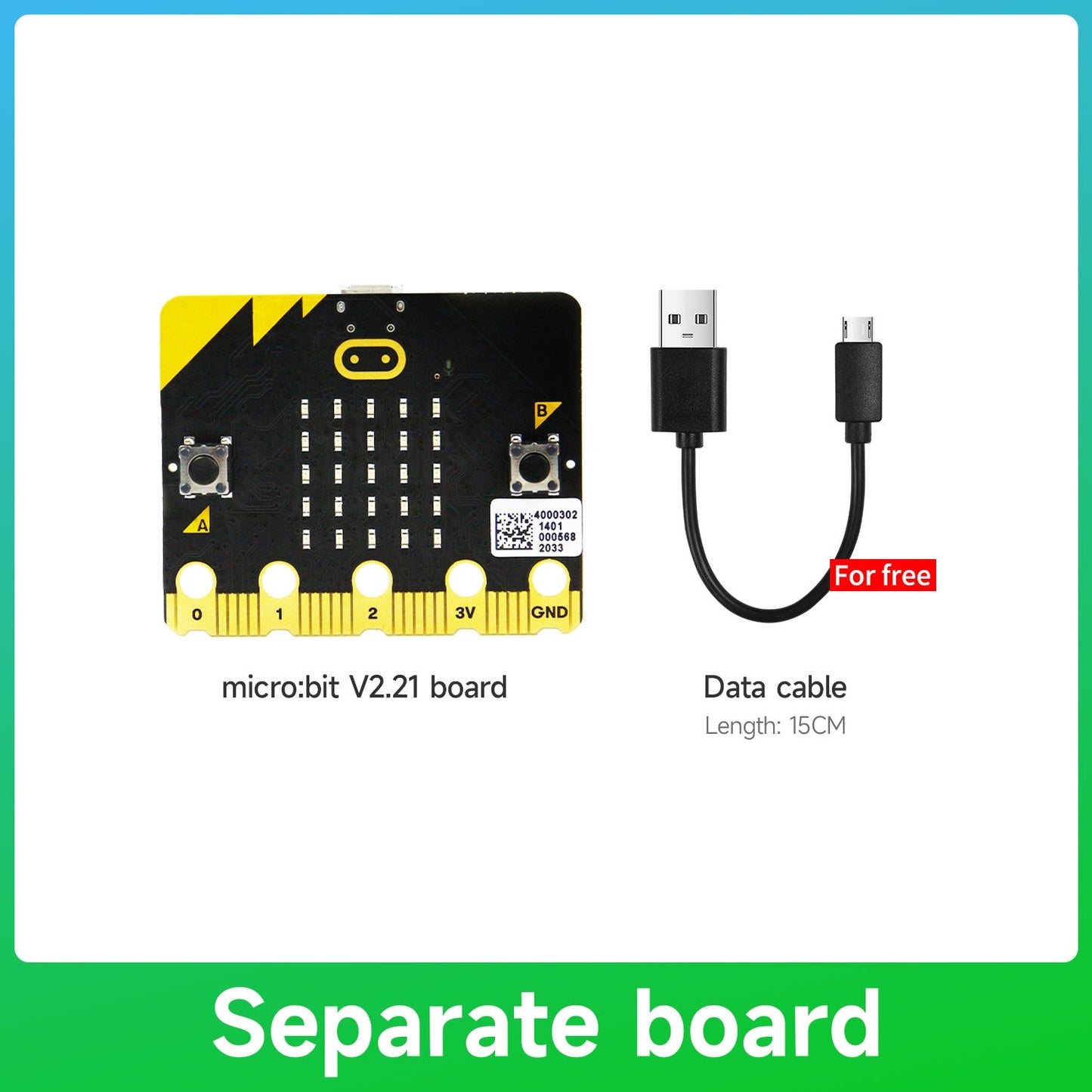 Separate board bundle: micro:bit V2.21 board with short 15cm USB data cable included
