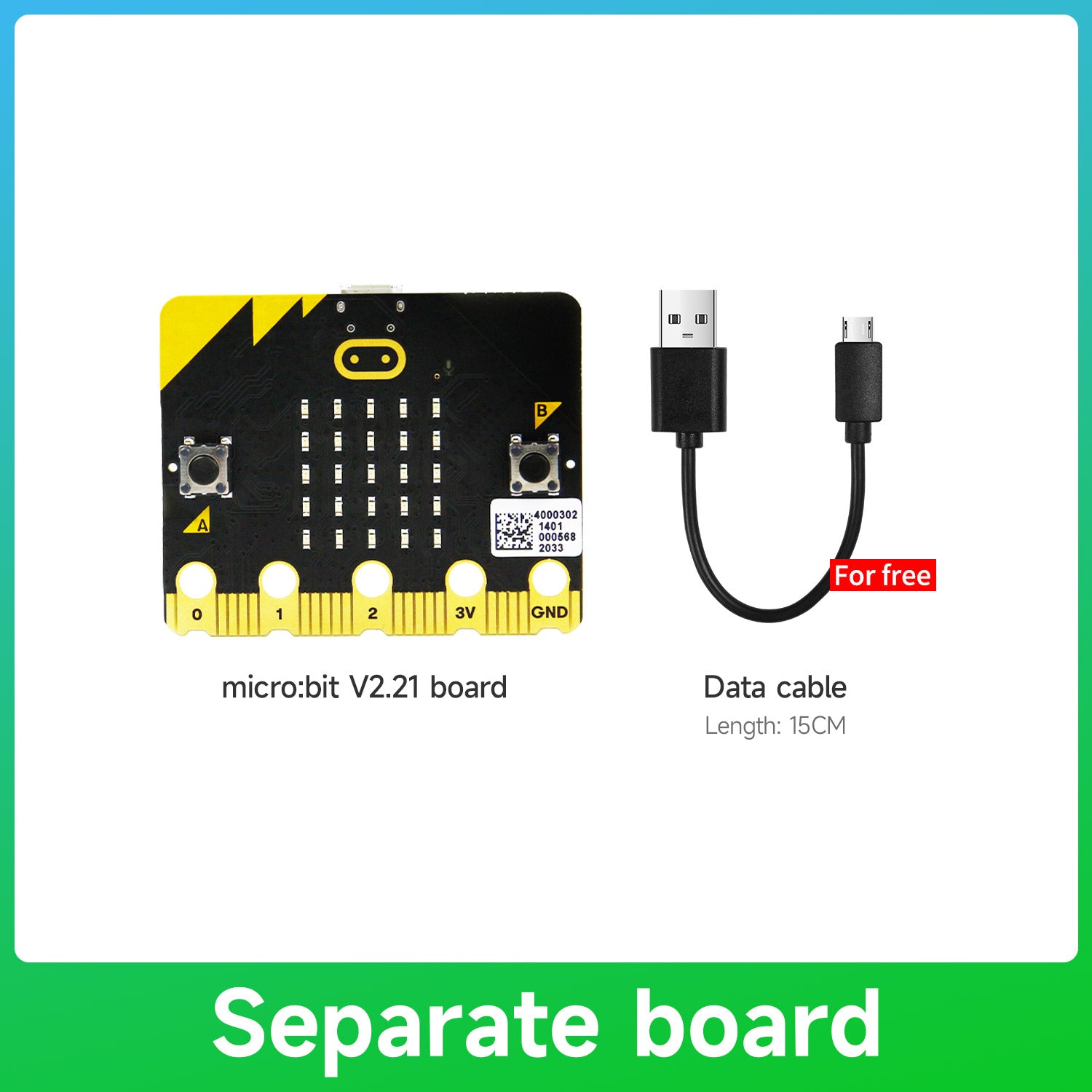 Separate board bundle: micro:bit V2.21 board with short 15cm USB data cable included