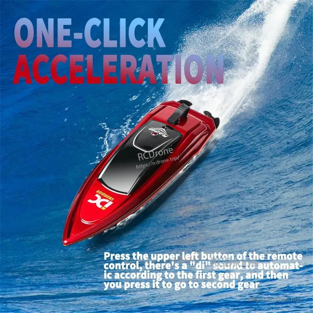 Mini RC Boat, One-click acceleration RC boat features remote control and automatic gear shift from first to second by pressing the upper left button.