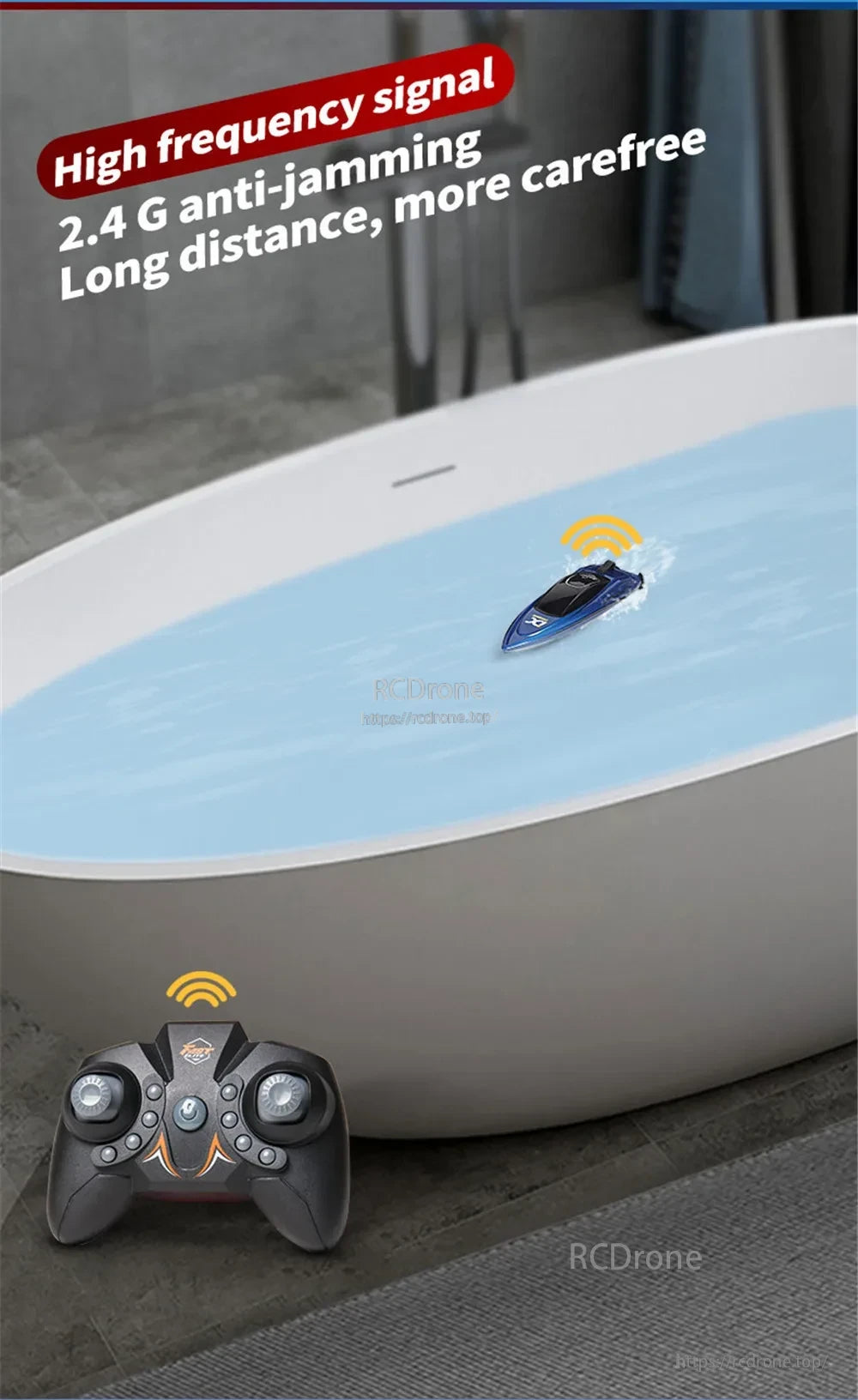 Mini RC Boat, 2.4G high-frequency signal ensures strong anti-jamming, long-range control, and smooth, worry-free drone operation.