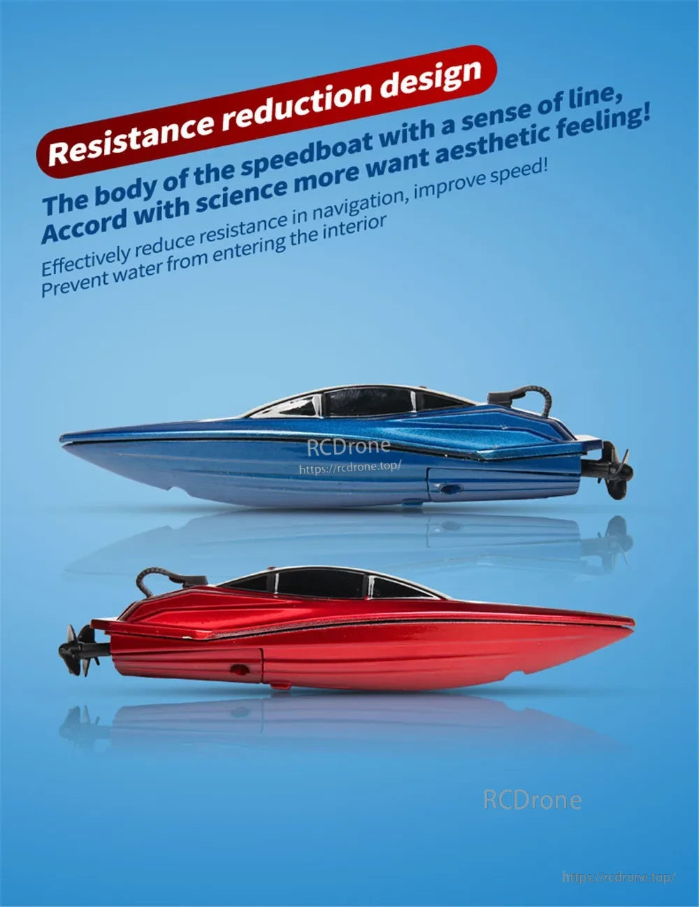 Mini RC Boat, Streamlined speedboat design reduces resistance, prevents water entry, boosts speed, and enhances appearance.