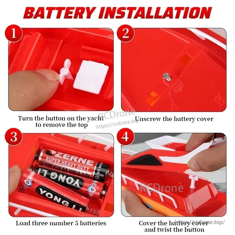 Mini RC Boat, Insert three AA batteries after unscrewing cover; close cover and twist button to secure. Turn button to install.