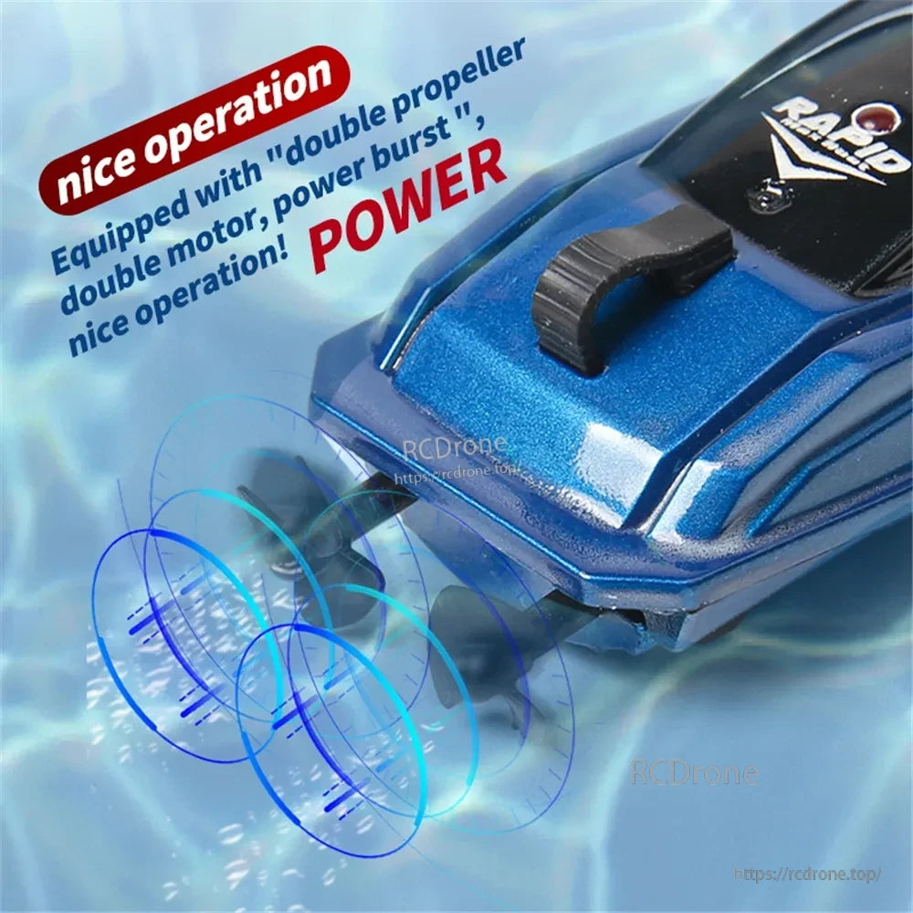 Mini RC boat with dual motor and double propeller for powerful, smooth, and efficient high-speed water performance.