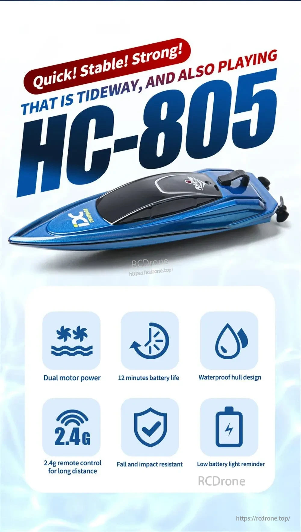 Mini RC Boat, Dual motor, 2.4G waterproof RC boat with 12-min battery, low-battery alert, impact-resistant, fast, stable, and durable for smooth performance.