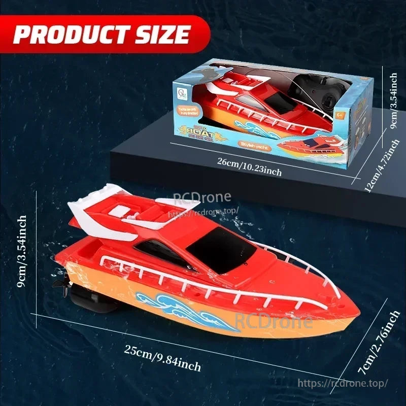 Mini RC Boat, Mini 25cm red and orange RC boat with remote control, featuring a stylish yacht design for fun water play.