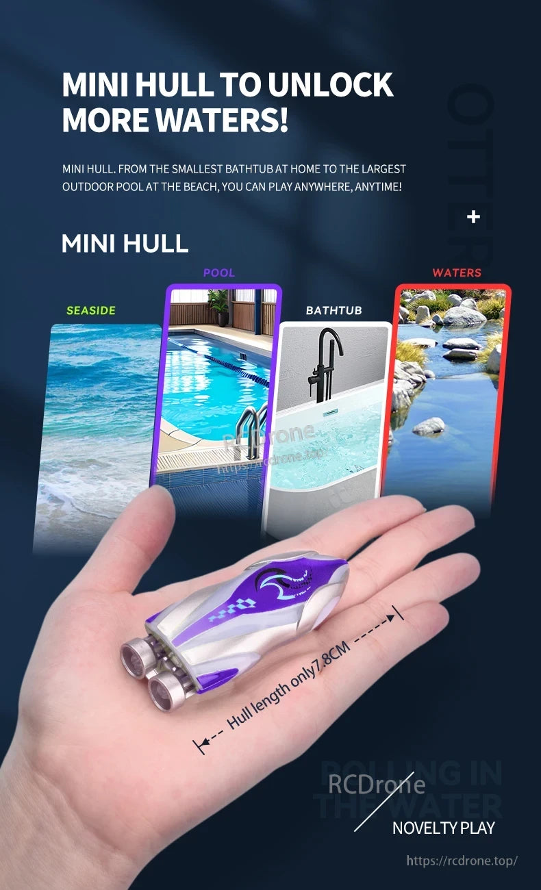 Mini Remote Controlled Boat, Mini Hull is a compact, remote-controlled boat ideal for fun in bathtubs, pools, or at the seaside, offering portable entertainment anywhere. (24 words)