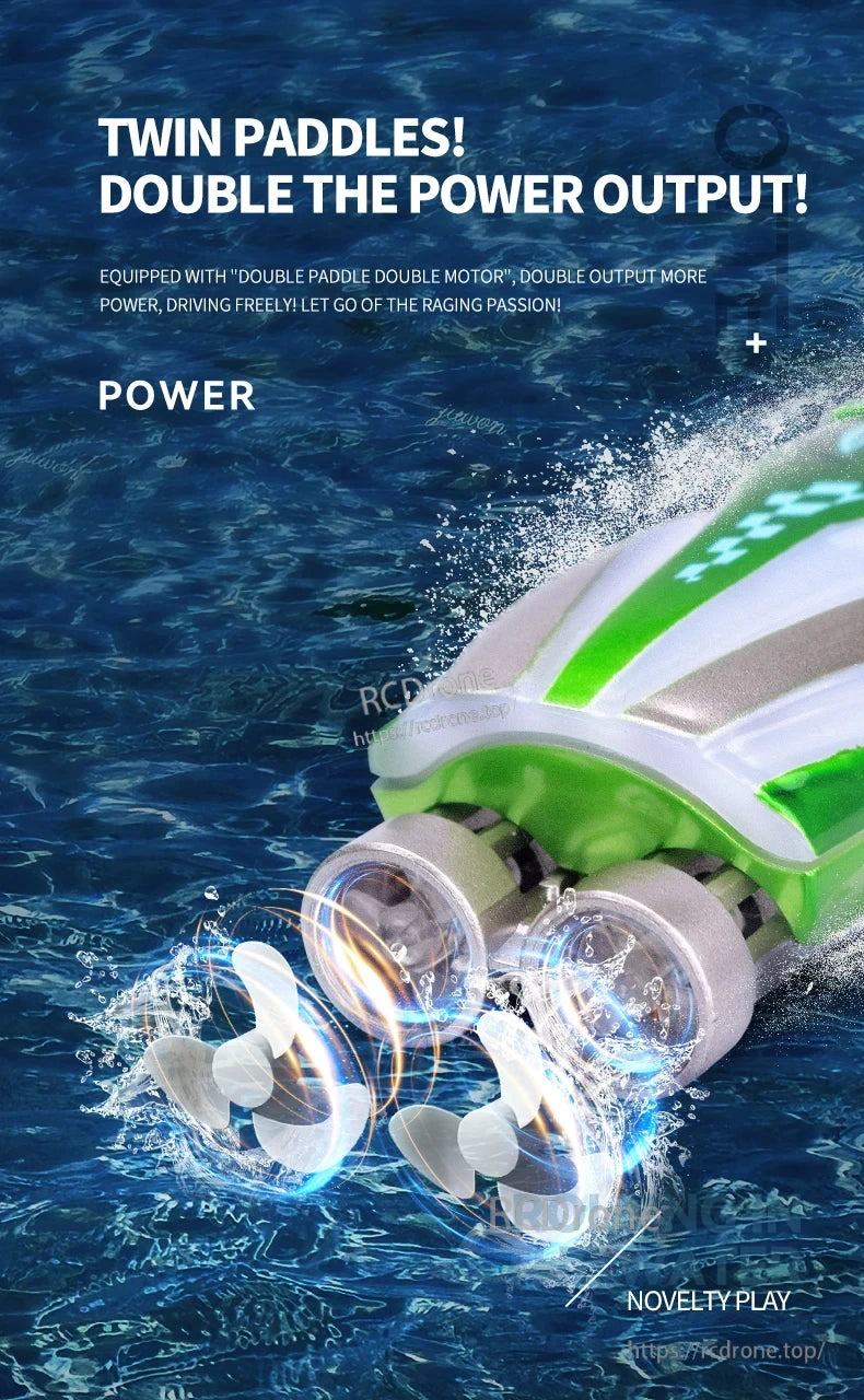 Mini Remote Controlled Boat, Dual paddles and motors increase power and speed, offering enhanced performance and freedom for recreational drone use.