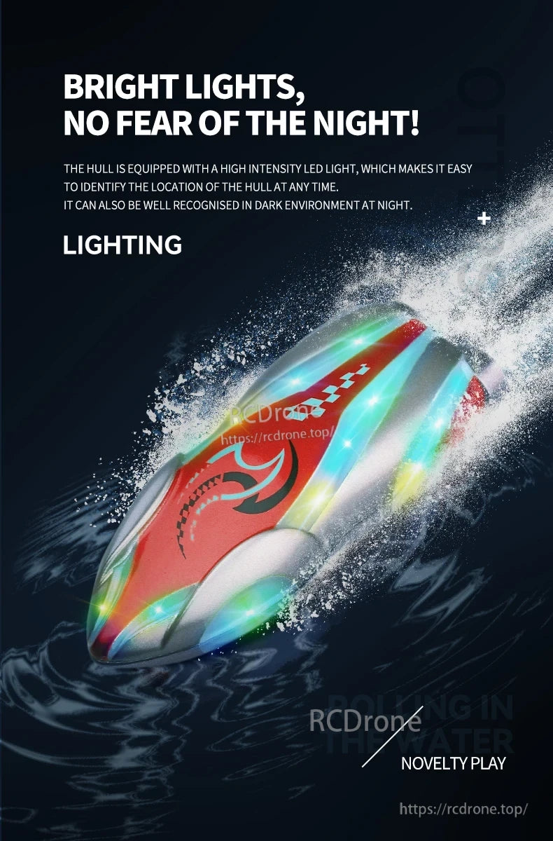 Mini Remote Controlled Boat, Bright LED lighting ensures high visibility and identification at night, enhancing safety and appeal. The dynamic, rolling design offers thrilling water performance, ideal for fun, compact aquatic adventures with striking visual impact.