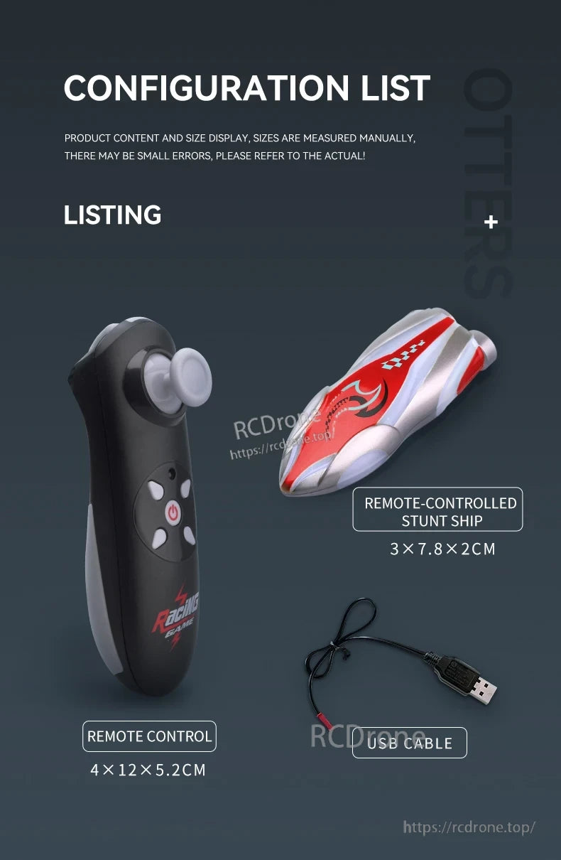Mini Remote Controlled Boat, Includes remote control, stunt ship, and USB cable. Sizes: remote 4×12×5.2cm, ship 3×7.8×2cm. Manually measured; minor variations possible.