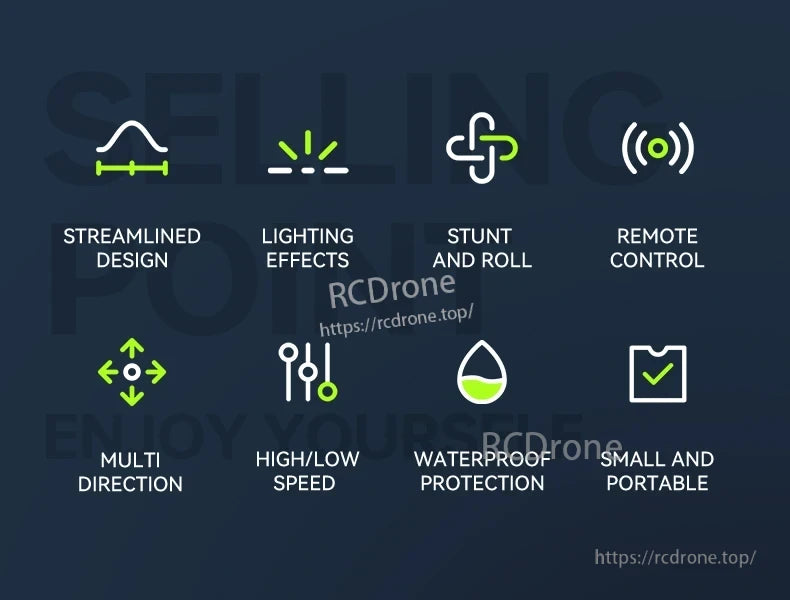 Mini Remote Controlled Boat, Compact, waterproof RC vehicle with lights, stunts, multi-directional movement, and speed options for versatile indoor/outdoor play.