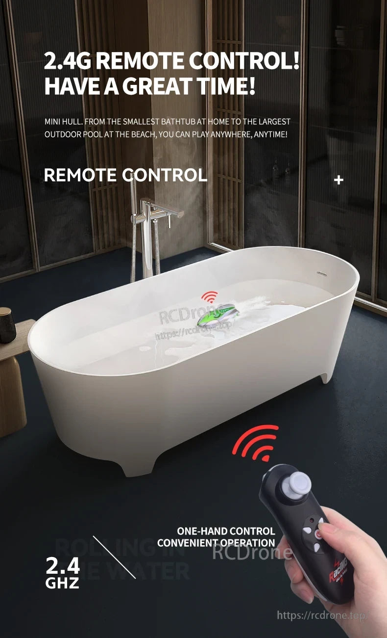Mini Remote Controlled Boat, 2.4G remote control boat for indoor/outdoor use, easy one-hand operation, perfect for fun in bathtubs, pools, or at the beach.