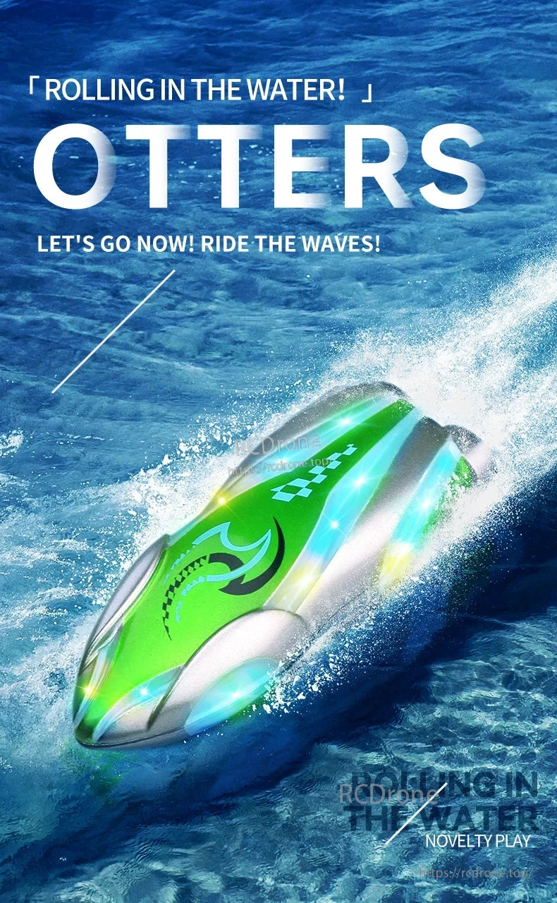 Mini Remote Controlled Boat, Otters playfully roll and ride waves in the water, enjoying novelty and fun.