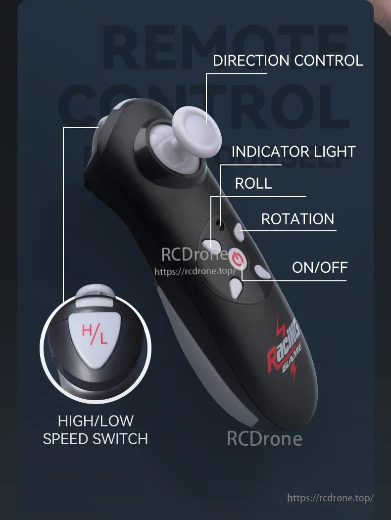 Mini Remote Controlled Boat, Remote control features direction, roll, rotation, on/off, indicator light, and high/low speed switch for precise drone operation.