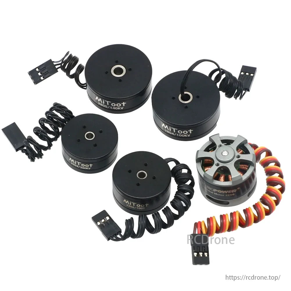 Mitoot Gimbal Brushless Motor set has five motors: four black and one colorfully wired (red, yellow, black).