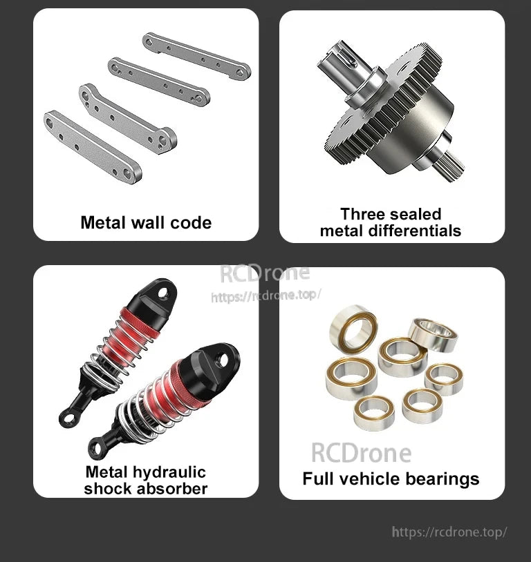 MJX Hyper Go RC Car, Metal wall code, three sealed metal differentials, metal hydraulic shock absorber, full vehicle bearings