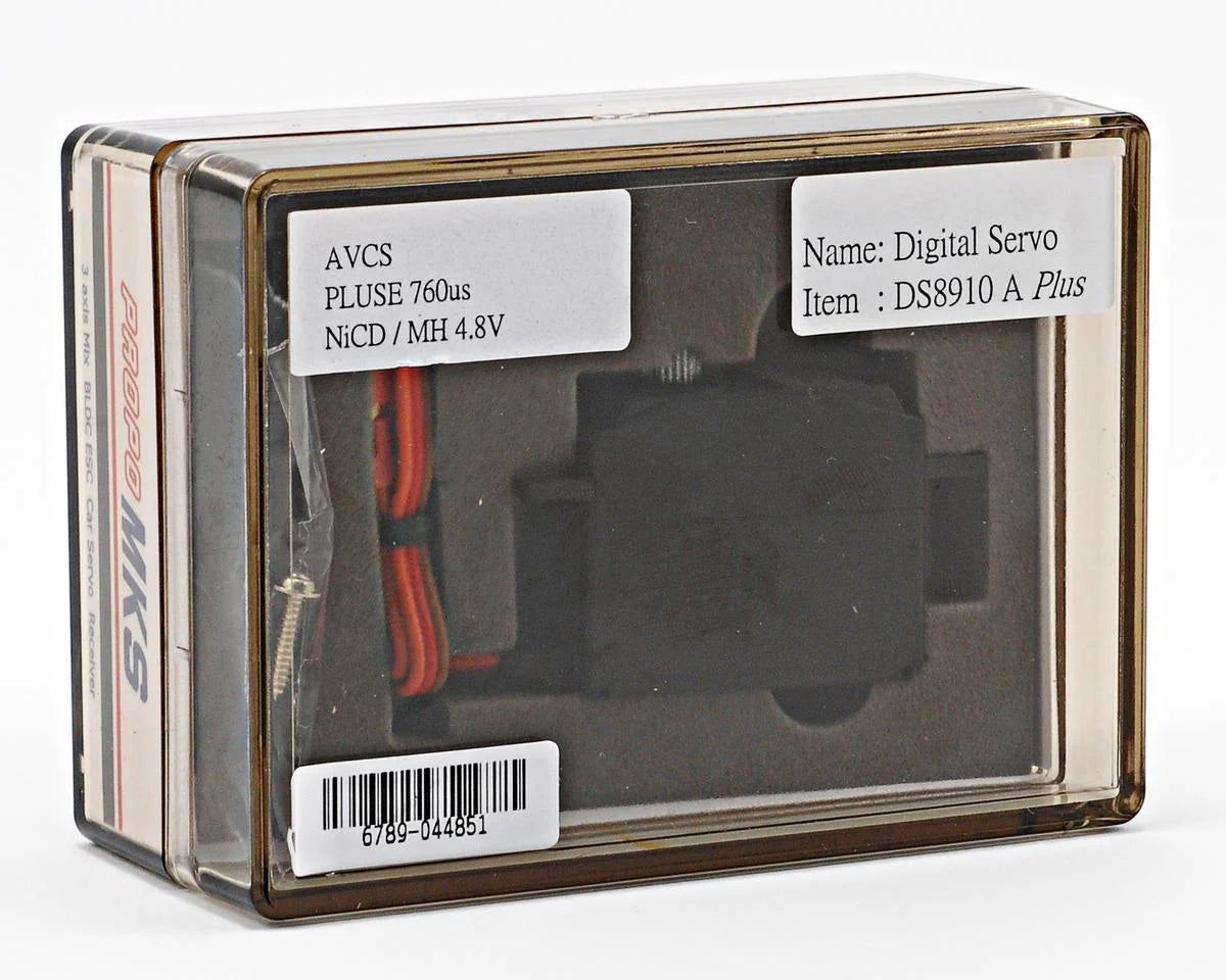 MKS DS8910A+ Servo, Digital servo DS8910 A Plus features AVCS, 760µs pulse width, and compatibility with 4.8V NiCd/NiMH batteries.